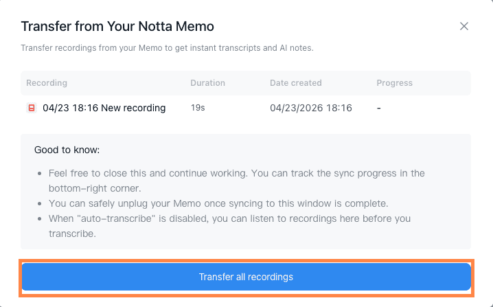 Audio file list in Notta Web