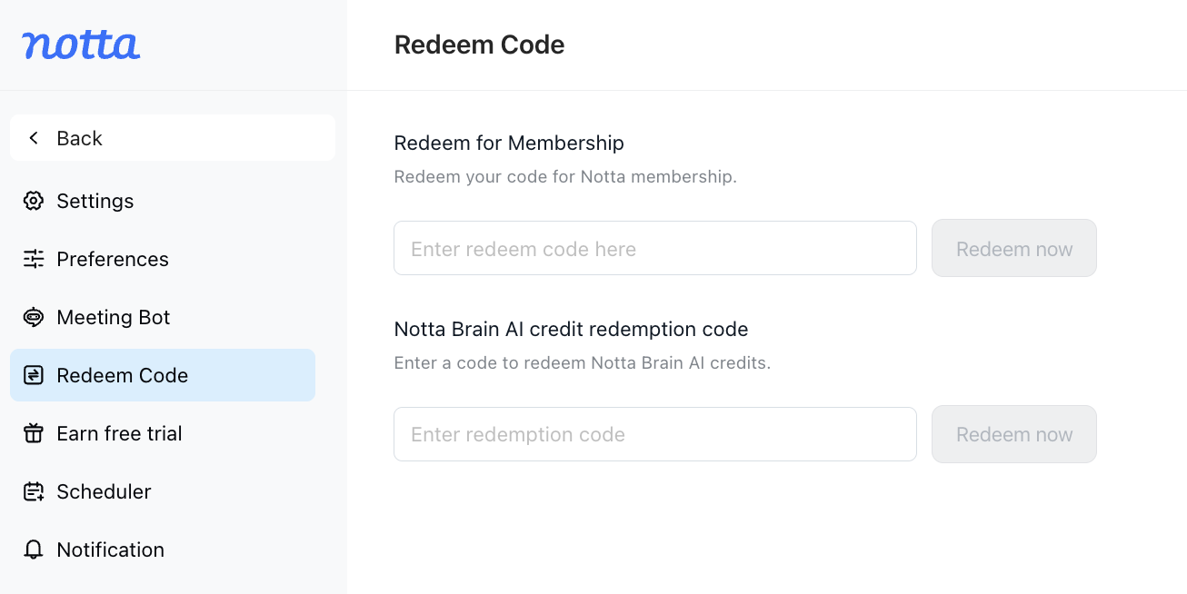 Redeem Code page on Notta Web