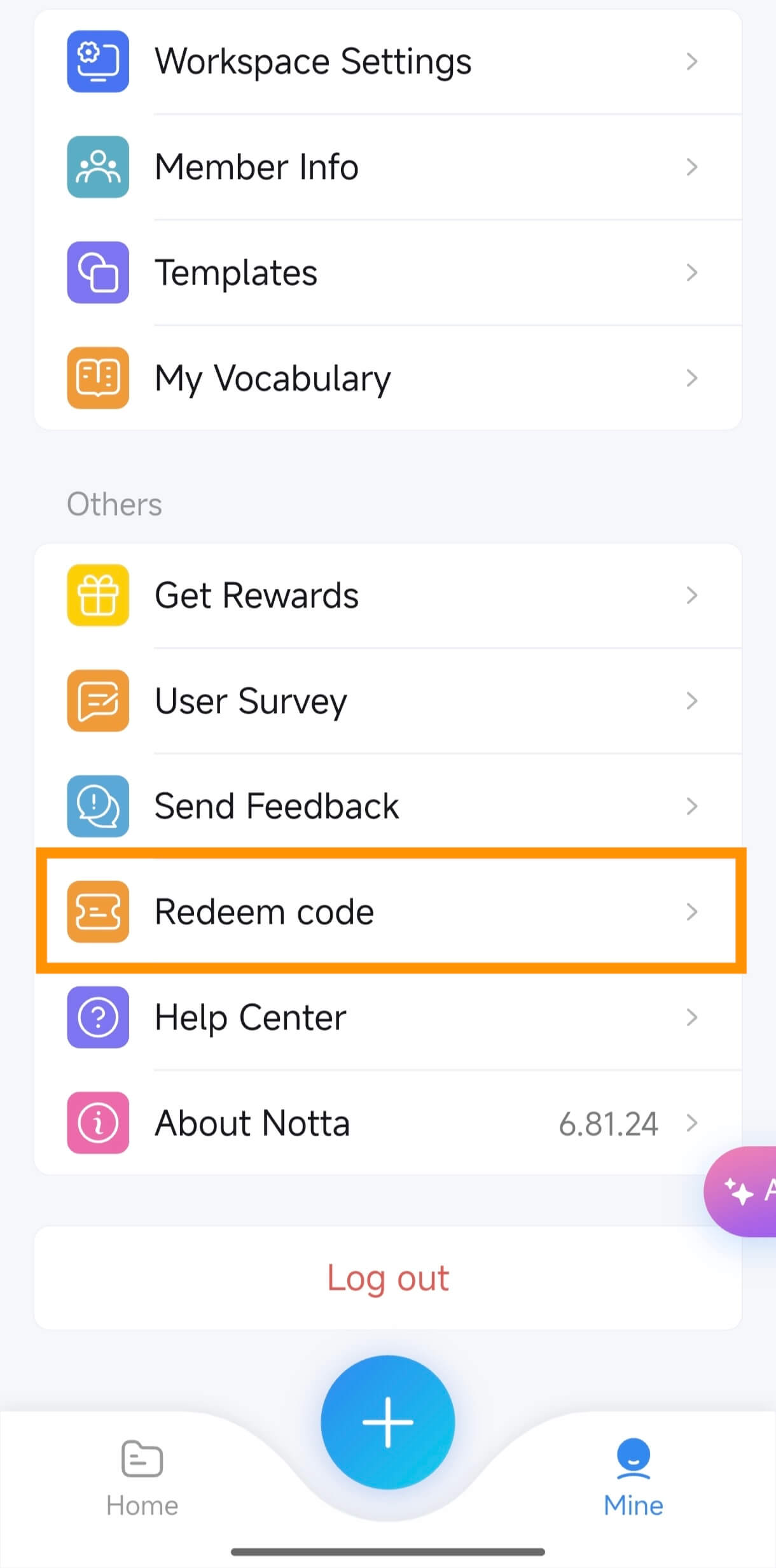 Redeem code entry in the Notta app