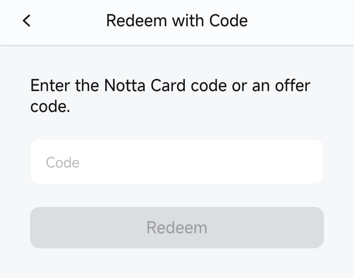 Redeem with Code screen in the Notta app